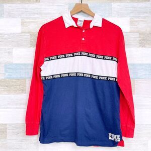 PINK Victorias Secret Spell Out Rugby Shirt Red Blue White Long Sleeve Womens XS